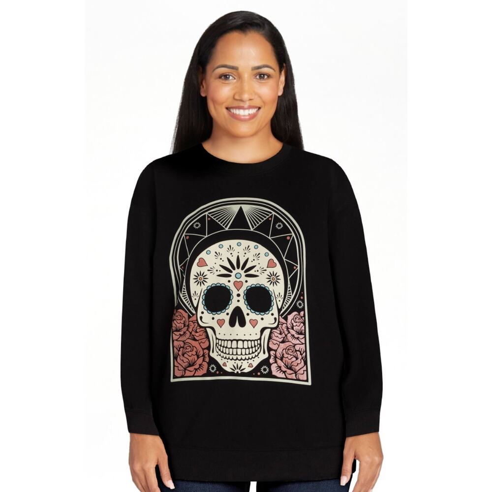 License Women’s XXS Sugar Skull Halloween Long Sleeve Graphic Sweatshirt Black